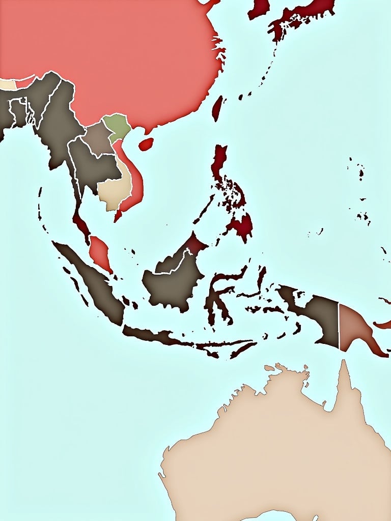 Map outlines of Indonesia's main trading partners in red. Non-traditional trading partners are shaded green. Clear depiction of Southeast Asia. Enhancements in red for specific countries. Used for trade analysis.