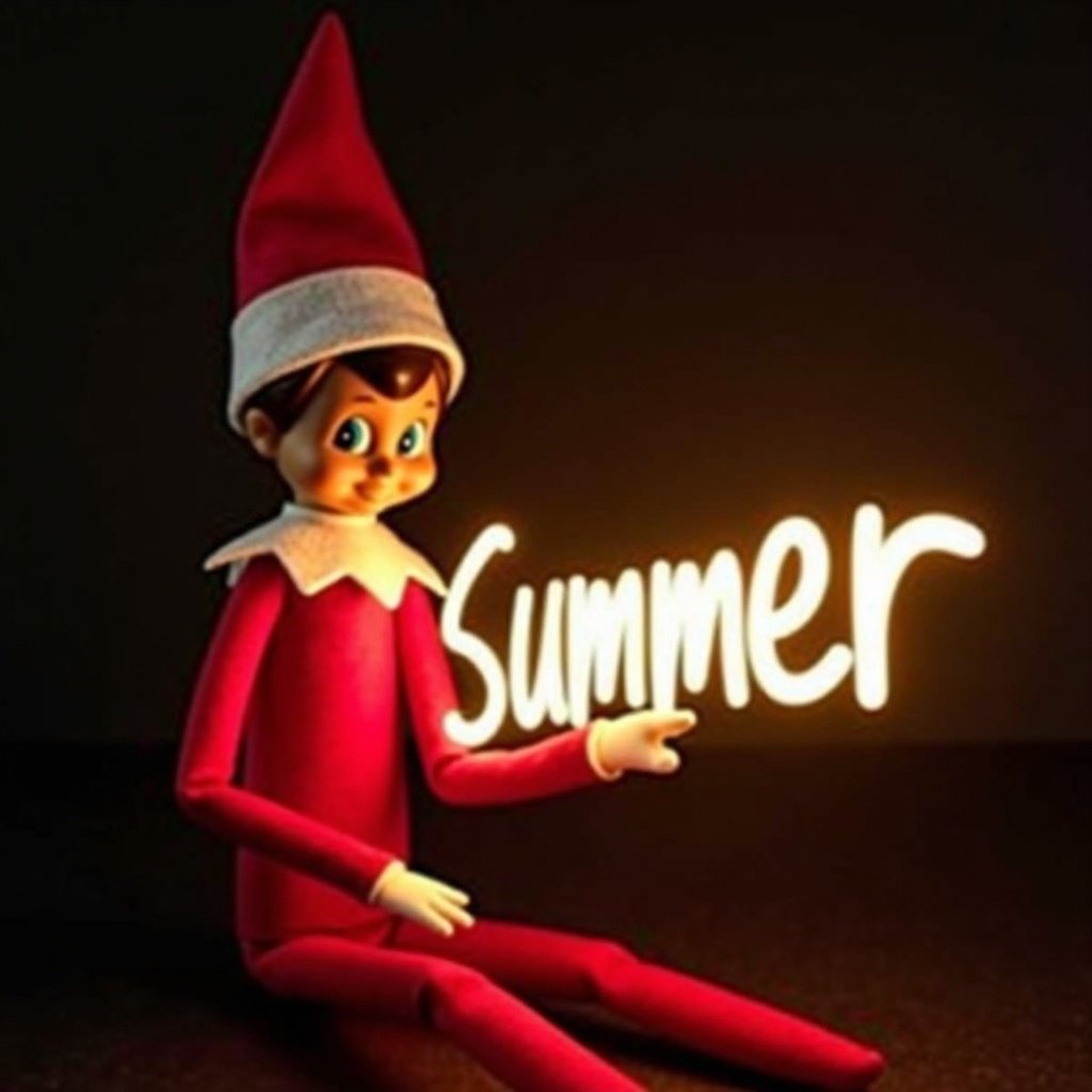 Elf on the shelf character dressed in red and white holding glowing stick that says Summer. Dark background enhances glow. Warm festive atmosphere. Evokes magic and cheer of Christmas celebrations.