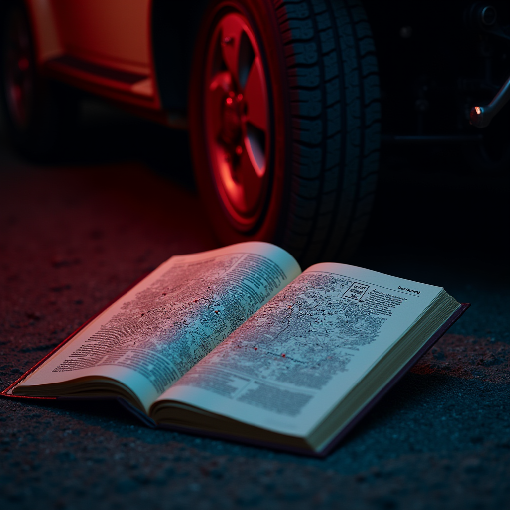 A book with detailed maps is illuminated by the red glow of a car’s headlights at night.