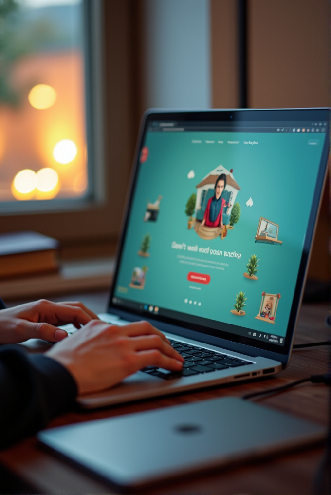 A person is working on a laptop displaying a website with a teal background, featuring playful graphics of a person, potted plants, and colorful icons, set in a warmly lit room with a blurred view outside.