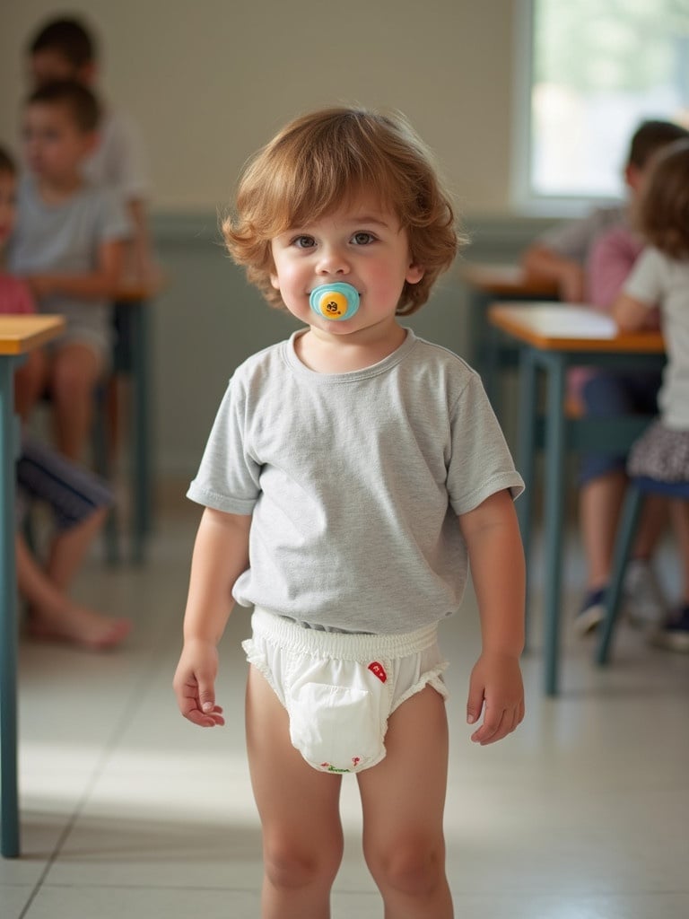 A young child with light brown hair stands in a school setting. Wearing a gray t-shirt and diapers, holding a pacifier. The environment suggests comfort and playfulness among peers.