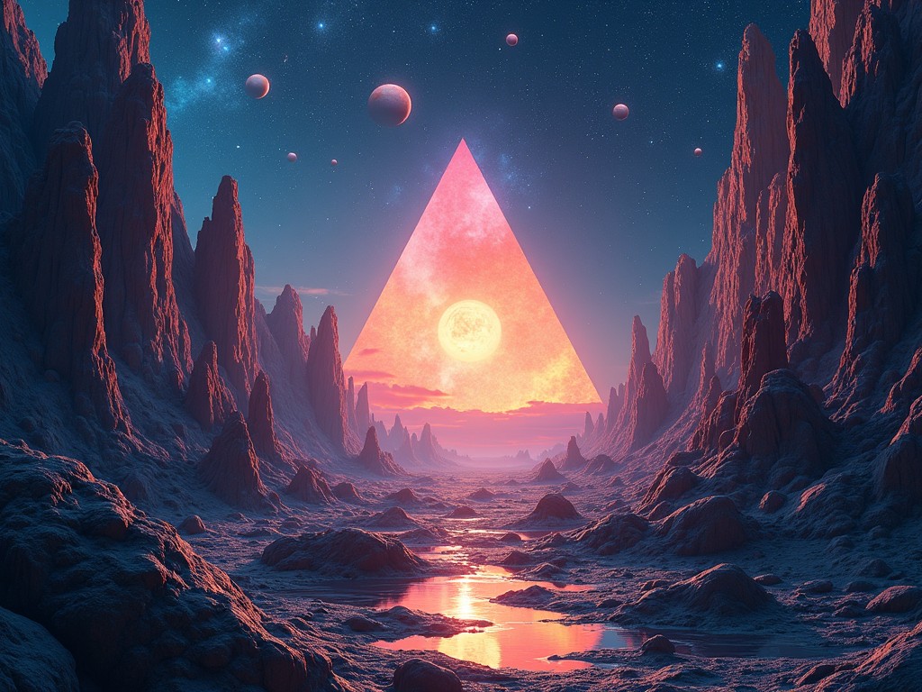 This artwork is designed for a space rock album, featuring a surreal landscape with towering, jagged rock formations. The scene is set against a starry cosmic background filled with drifting stars and planets. A glowing triangle at the base illuminates the scene, enhancing the ethereal atmosphere. Colors blend from deep blues to bright oranges, creating an electrifying vibe. The overall aesthetic embodies psychedelic themes and the essence of musical energy, perfect for inspiring feelings of space exploration.