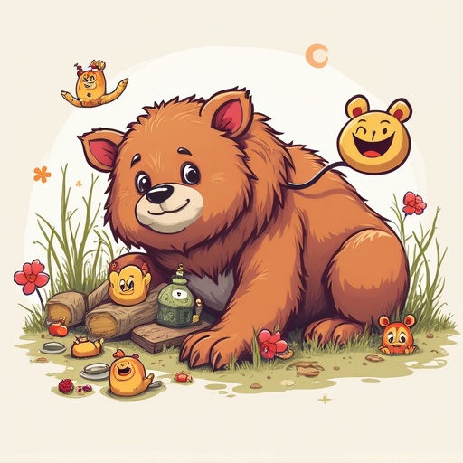 A charming brown bear with a friendly smile sits in a grassy area with colorful flowers. Surrounding the bear are cute cartoonish characters including a small yellow creature and a green robot. The bear is cheerful and playful, capturing a whimsical atmosphere.