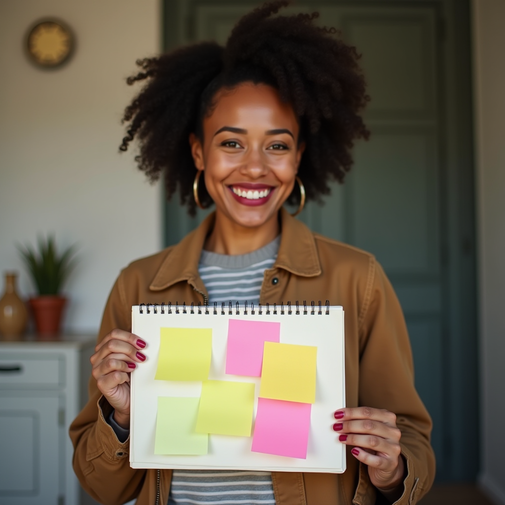 A smiling person holds a notebook with colorful sticky notes.