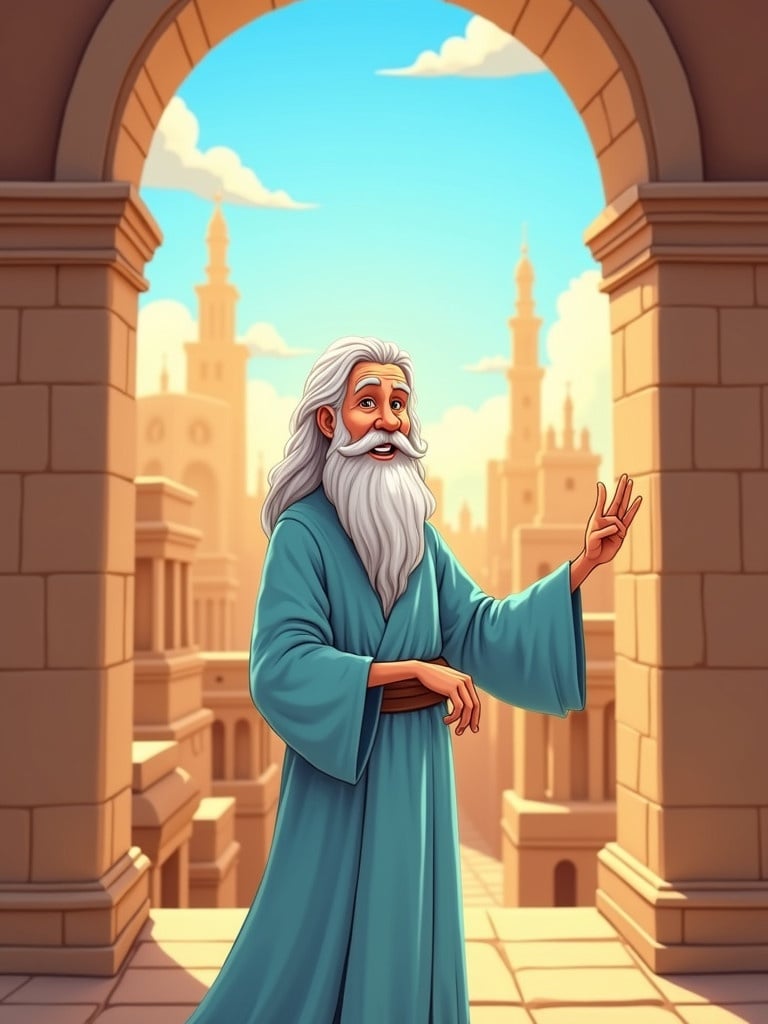 A cartoon illustration depicting an old man Daniel standing by an open window. The setting is ancient Babylon. Bright sky visible through the window with towering structures. Daniel wears a simple light blue robe and displays happiness while gesturing with his hand.