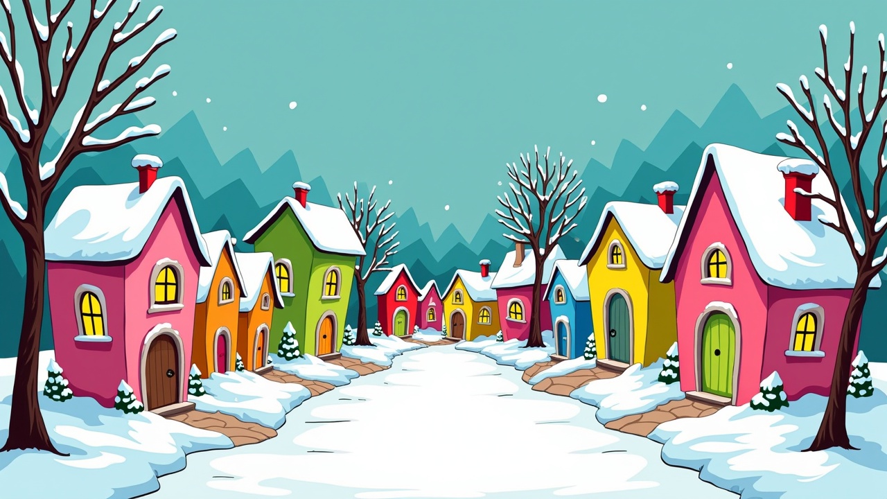 Cartoon style whimsical winter village scene. Features bright pink, lime green, yellow, blue houses. Snow covers roofs and ground. Trees with no leaves in winter.