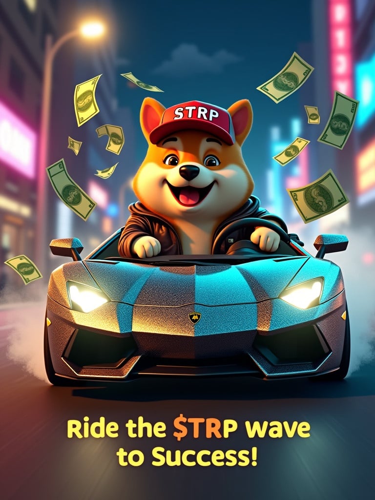 An animated scene features a Shiba dog cartoon character wearing a leather jacket and a red baseball cap labeled $TRP. The character is driving a shiny Lamborghini with glowing headlights. Green dollar bills fall around creating a sense of wealth. The background showcases a vibrant cityscape at night with neon lights. A tagline at the bottom reads: ‘Ride the $TRP Wave to Success!’