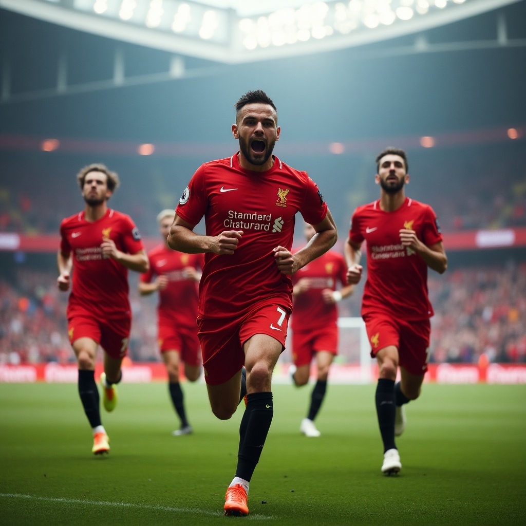 Football players in red jerseys run energetically on the field. Enthusiasm and teamwork are evident. Stadium filled with fans creates an electrifying atmosphere.