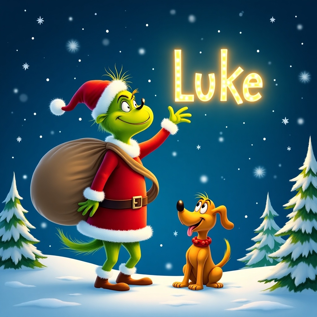 Cheerful Grinch in snowy landscape. Dressed in festive red outfit with white trim. Writing name Luke in glowing letters. Large sack over shoulder. Friendly dog Max beside Grinch. Night sky with twinkling stars and snowflakes. Pine trees surrounding them.