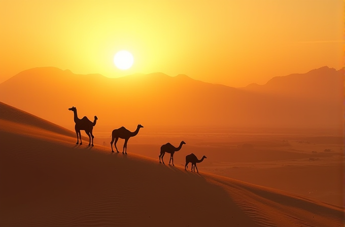 Camels walk across a sand dune as the sun sets in the background.