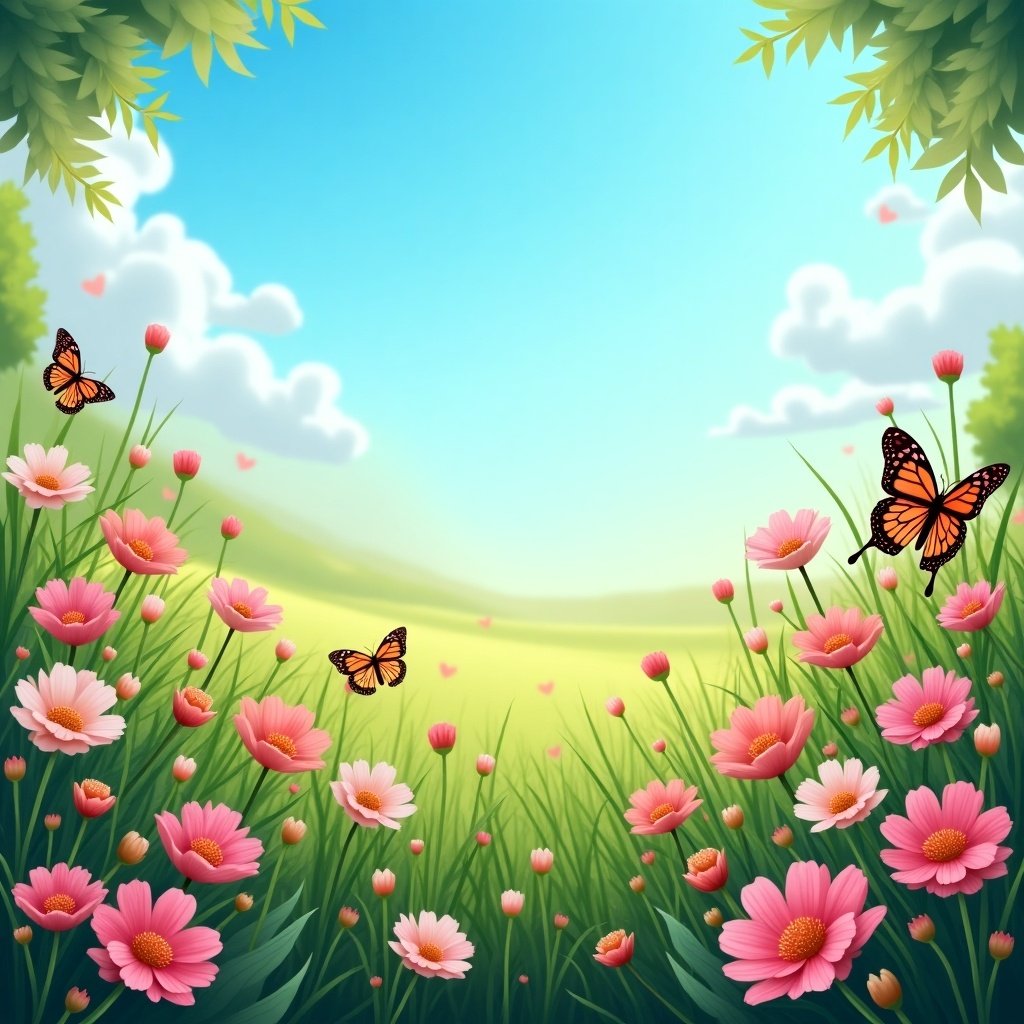 Colorful meadow with butterflies and flowers under a bright blue sky create a serene and lively atmosphere suitable for a poker game background.