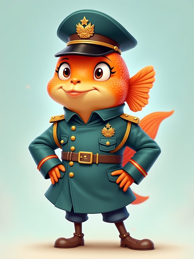 Cartoon fish character wearing a military uniform standing confidently with hands on hips. Bright colors and playful design elements. Serious expression.