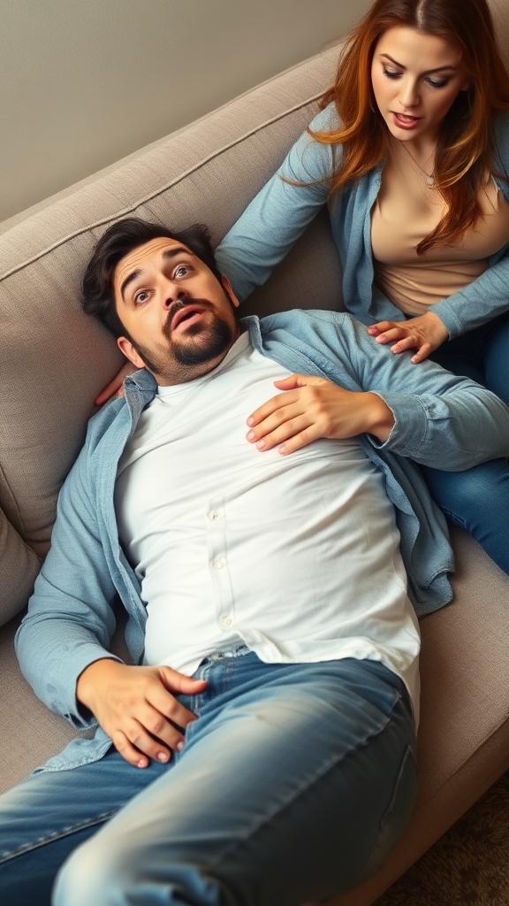 The image shows a concerned woman helping a man who appears shocked or overwhelmed while lying on a couch. The man has a startled expression, suggesting he may have experienced an unexpected health scare or emotional moment. The woman, appearing supportive and attentive, is reaching out to him. The overall atmosphere conveys urgency and care. The background is simple, allowing focus on their expressions and body language.