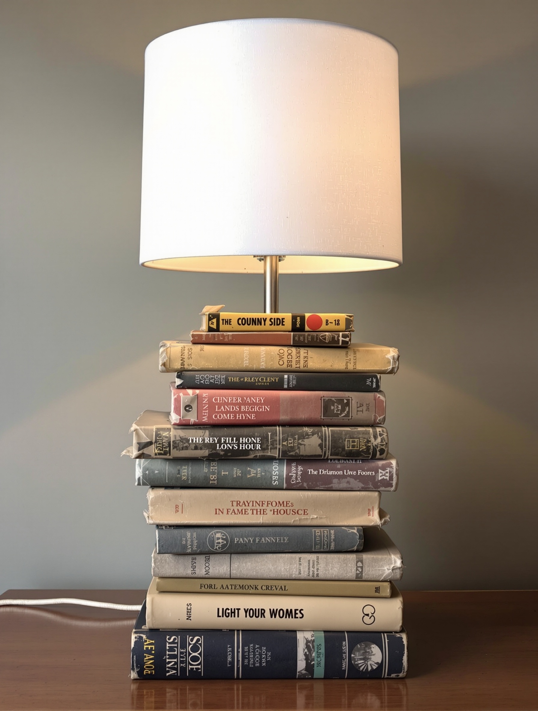 A vintage table lamp with a white cylindrical shade and silver metal stem sits on a wooden table. The lamp's base is creatively designed with various sized and colored vintage books stacked together. Some books lean against each other while others protrude from the stack. Horizontal books are placed on top. The overall appearance evokes a sense of nostalgia and literary passion.