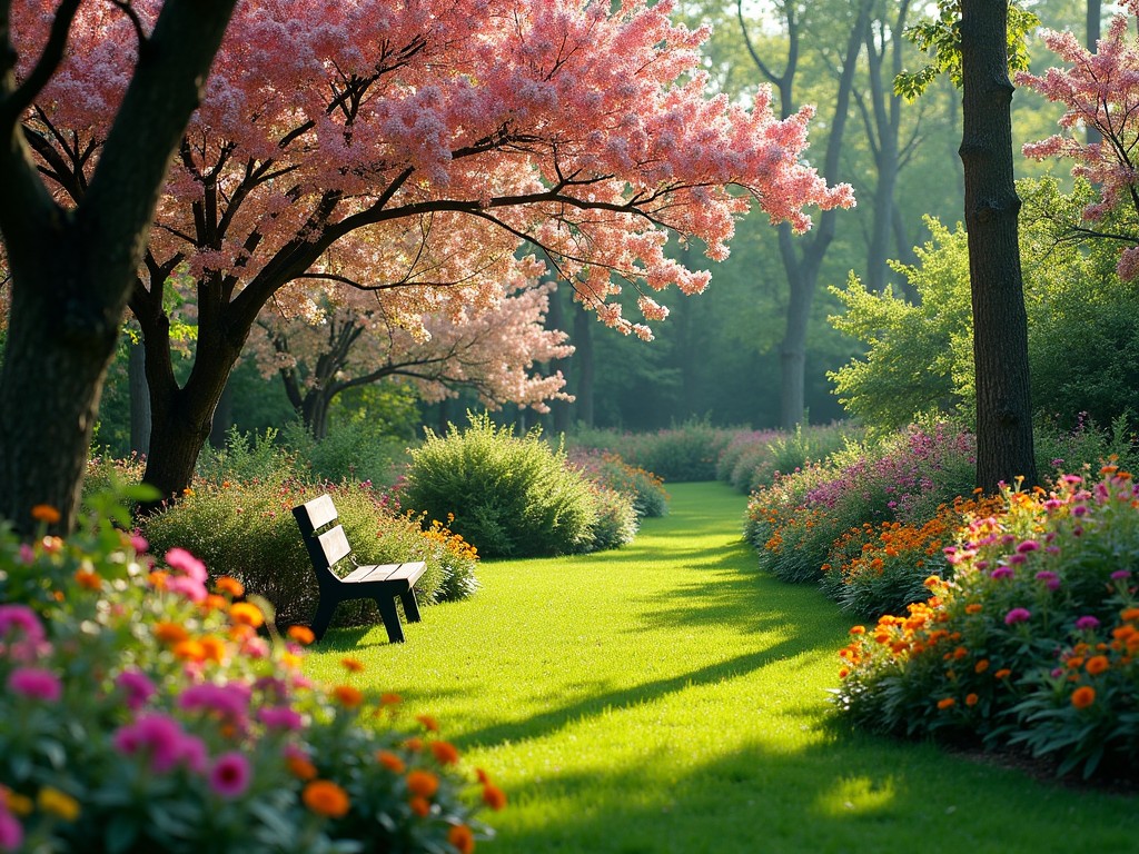 A quiet, picturesque garden filled with colorful blossoms, lush green grass, and tall trees. The scene features a peaceful wooden bench located beneath a blooming tree. Dappled sunlight filters through the foliage, casting gentle shadows on the vibrant, fragrant flowers that line the pathway. This harmonious blend of nature is perfect for relaxation and enjoying the outdoors. The lush greenery creates a serene atmosphere, inviting visitors to unwind in the beauty of the garden.