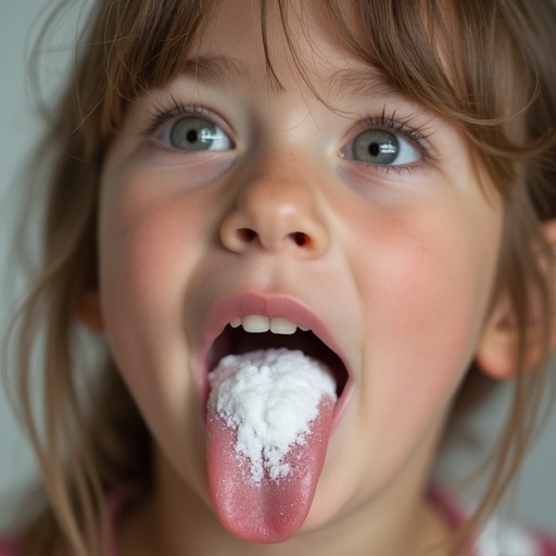 A little girl with a playful expression and tongue sticking out. She is enjoying something in her mouth. The picture captures a joyful moment.