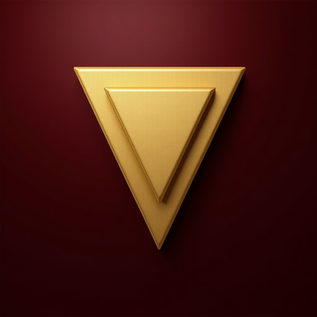 The image features a prominent golden triangle with a metallic texture. It is set against a smooth burgundy background, creating a striking contrast. The triangle is three-dimensional, giving it depth and dimensionality. Its surface reflects light subtly, enhancing its luxurious appearance. This design captures a modern and artistic aesthetic.