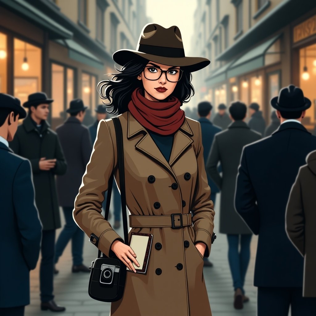 Sharp investigator blends into urban crowd. Tailored trench coat, scarf, fedora. Notebook peeks from pocket. Vintage camera slung over shoulder. Intense expression. Dimly lit street or smoky café background. Bold outlines and muted tones portray mystery and professionalism.