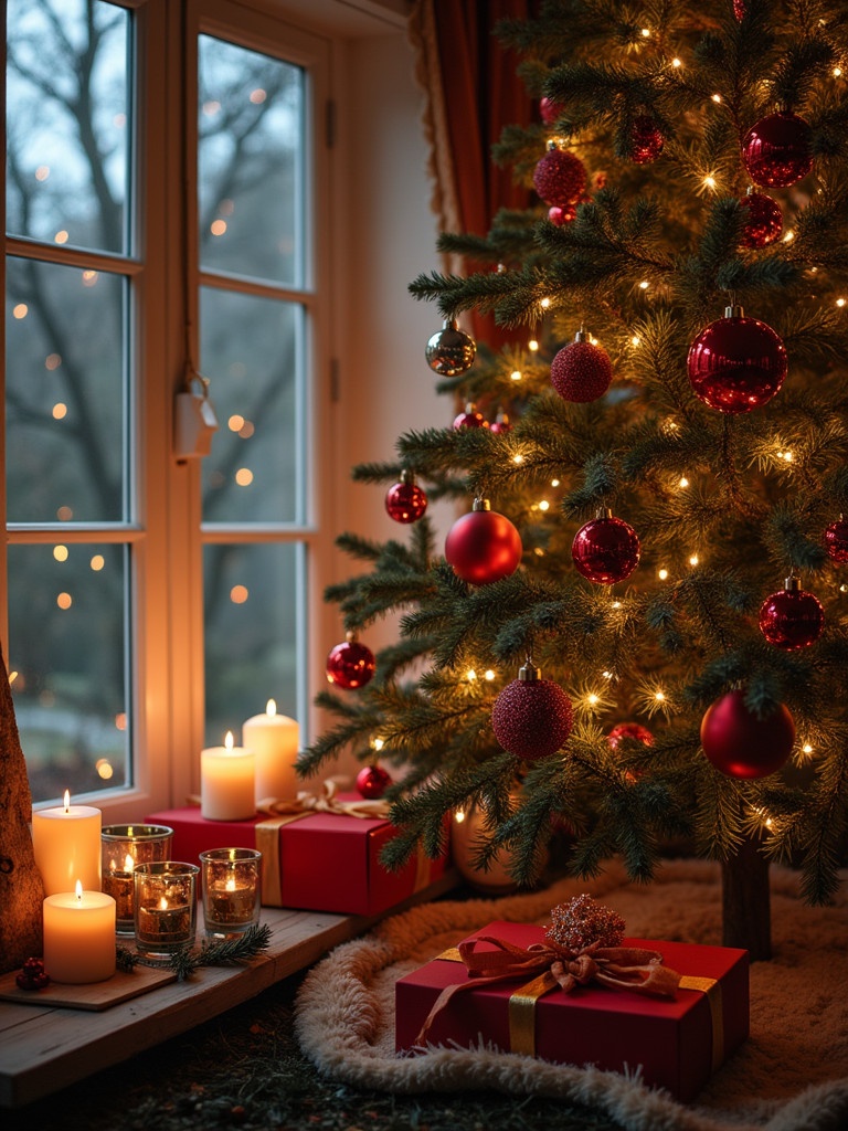 A cozy Christmas scene featuring a decorated tree. The tree is adorned with red ornaments and twinkling lights. Adjacent are glowing candles and wrapped gifts. Soft fibers on the floor enhance the warmth of the atmosphere. Outdoors is softly lit, evoking a peaceful winter evening.