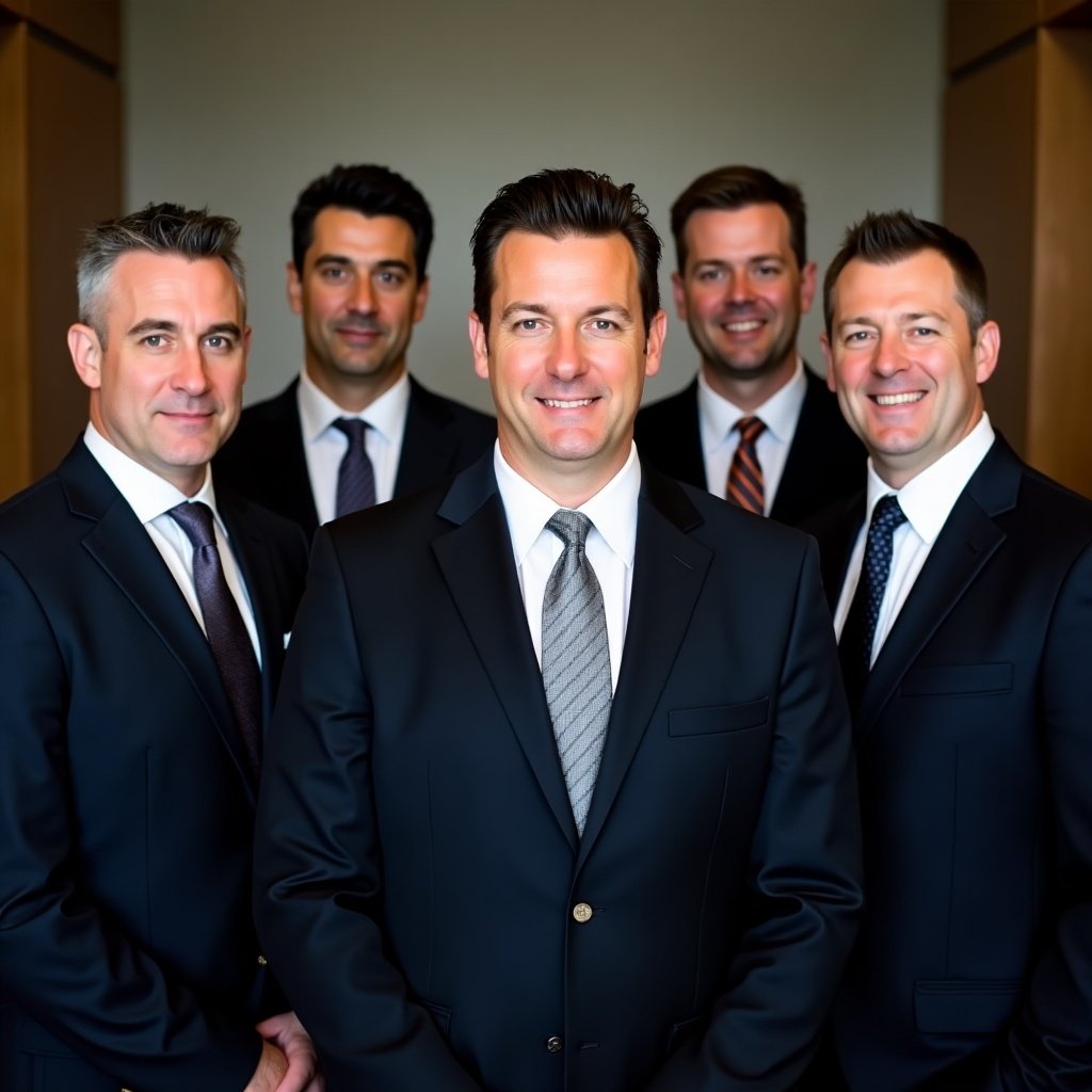 Group of five well-dressed men in formal suits. Arranged in corporate environment. Distinct hairstyles. Serious expression. Dark suits with light dress shirts. Patterns on ties. Polished appearance. Background blurred. Soft lighting enhances features. Serious yet approachable atmosphere.