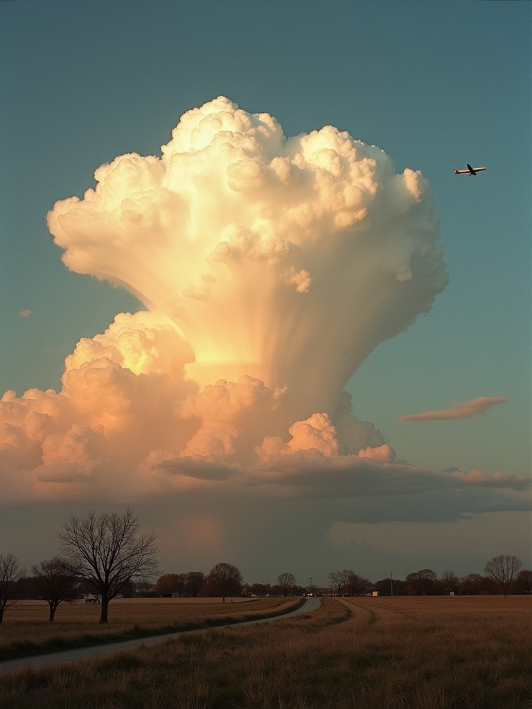 A large cumulus cloud fills the sky. An airplane flies in the distance. The scene is set during golden hour. The cloud has a dramatic anvil shape. The landscape includes open fields leading into a road. The time of year is early spring. Warm sunlight creates a striking visual effect. The photograph resembles stills from a sci-fi movie.