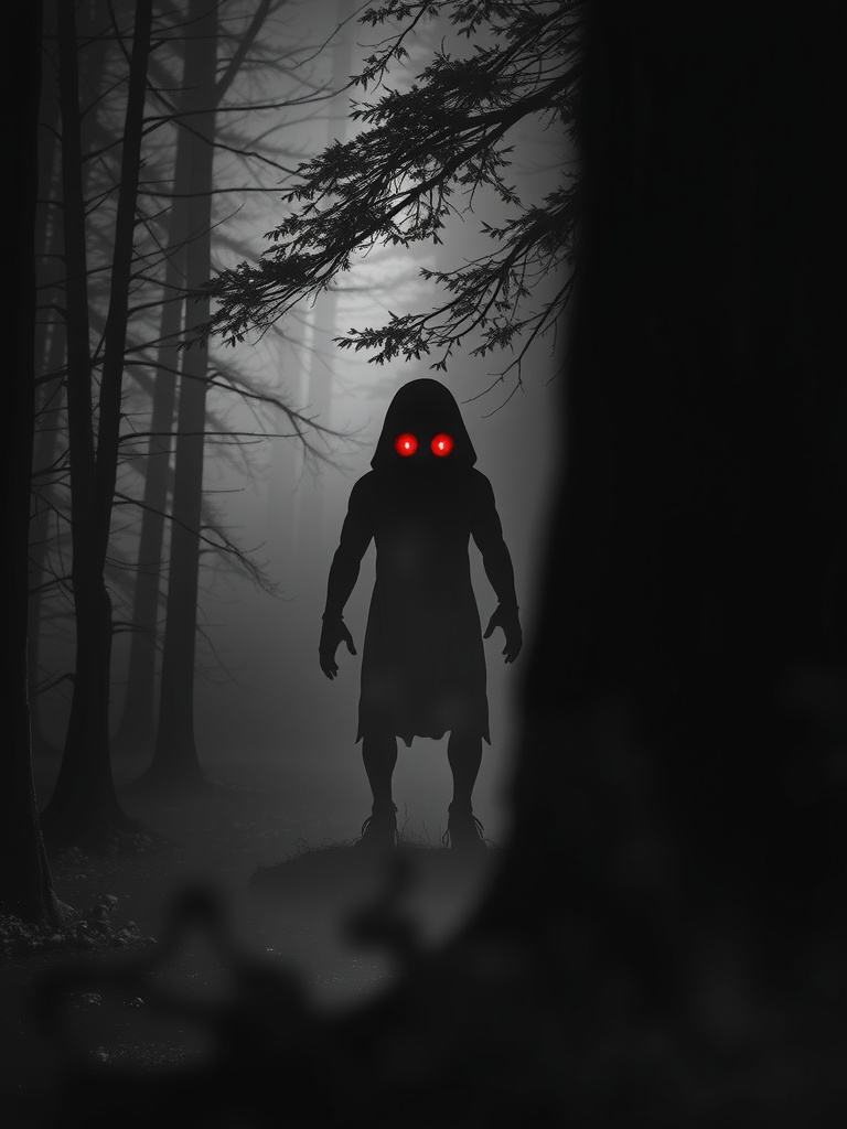 A chilling silhouette of a mysterious figure with glowing red eyes stands menacingly among the trees in a dark, foggy forest. The ambient light casts eerie shadows, enhancing the mystery and fear surrounding the unknown entity. The misty background and shadowy foreground contribute to the suspenseful atmosphere, making the viewer feel an impending sense of danger.