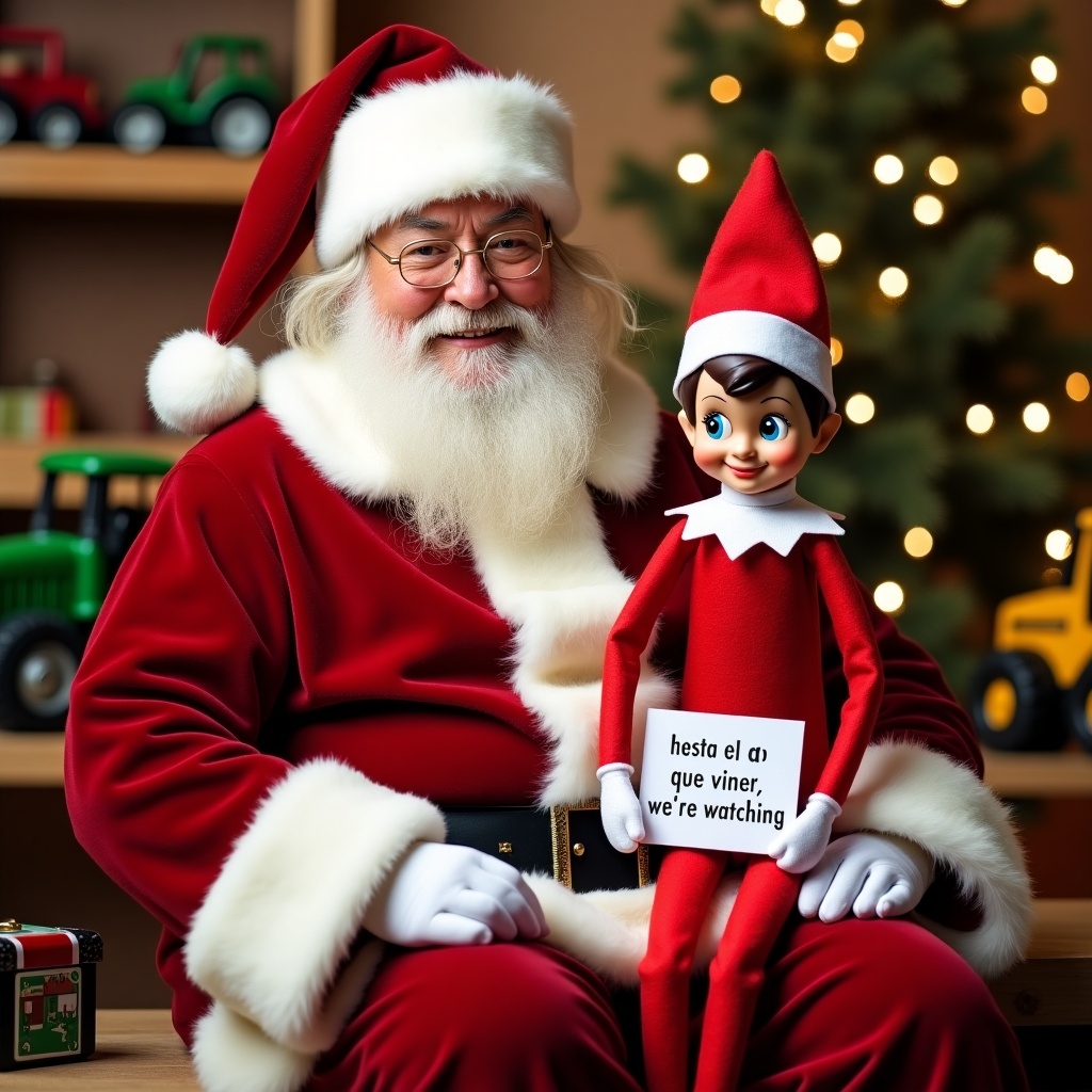 Image of an elf on the shelf sitting next to Santa Claus in a toy workshop. Santa is wearing a traditional red outfit. The background has Christmas decorations like a Christmas tree. The elf is dressed in red with white trim, holding a sign that says ‘hasta el año que viene Ander, we’re watching.’ There are toy cars and tractors visible.