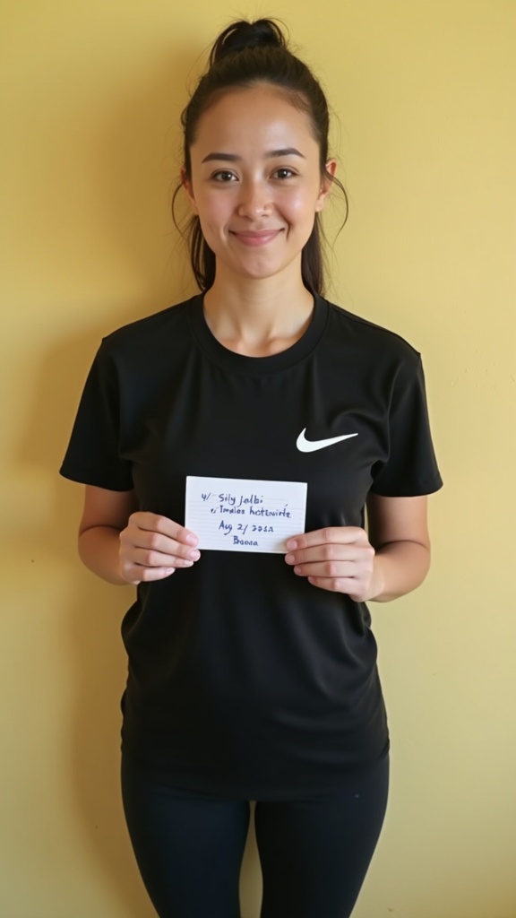 A person stands against a plain yellow wall, wearing a black Nike t-shirt and holding a sign. The individual appears calm and composed, with an engaging smile. The minimalistic background enhances the focus on the person, who is dressed casually, suggesting a relaxed and approachable demeanor.