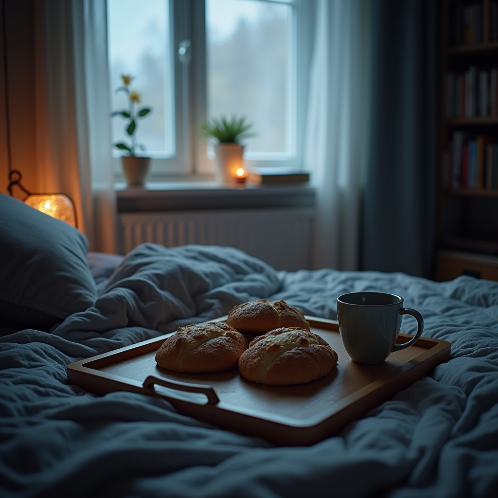 A wooden tray with bread buns and a coffee cup sits on a bed, with a window, a plant, and a candle in the background.