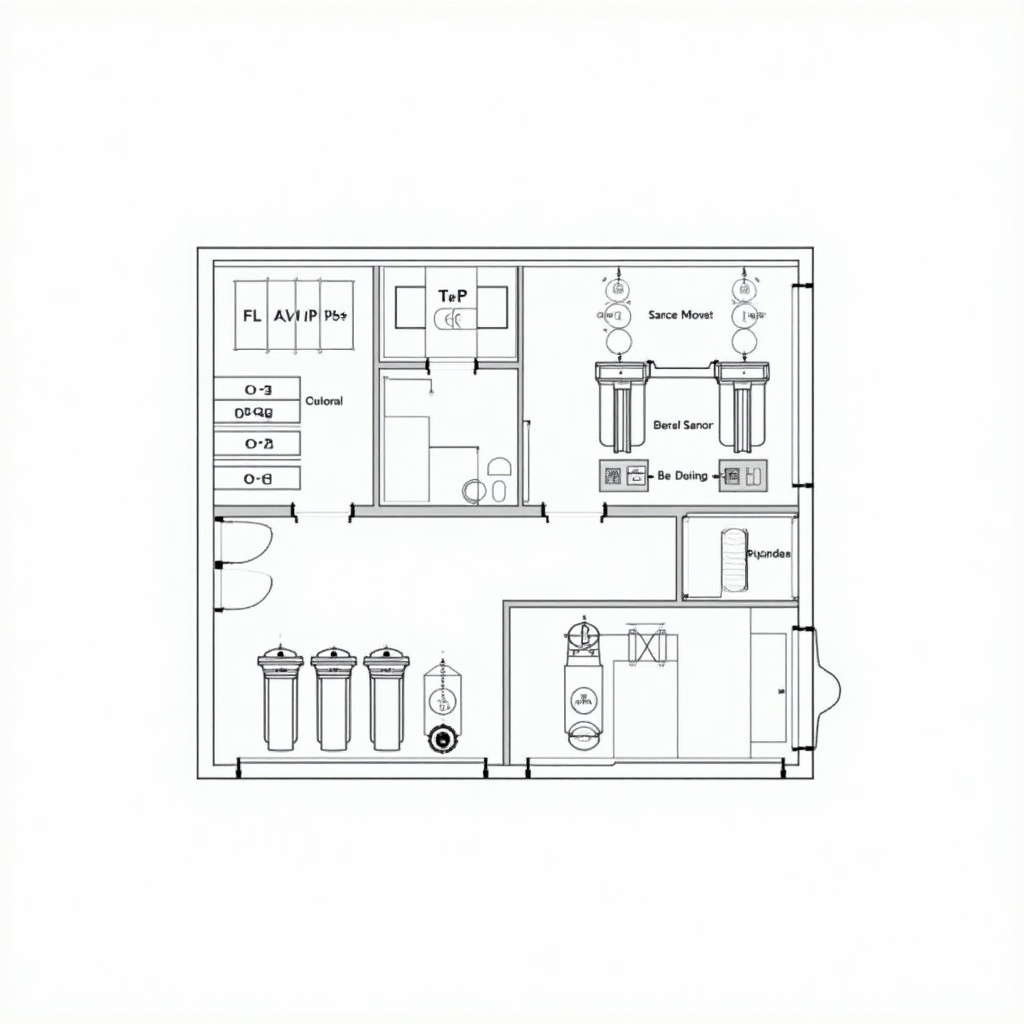 Design layout for reverse osmosis system. Capacity of 110 cubic meters per hour. Includes tanks, sensors, and processing units arranged for optimal flow.