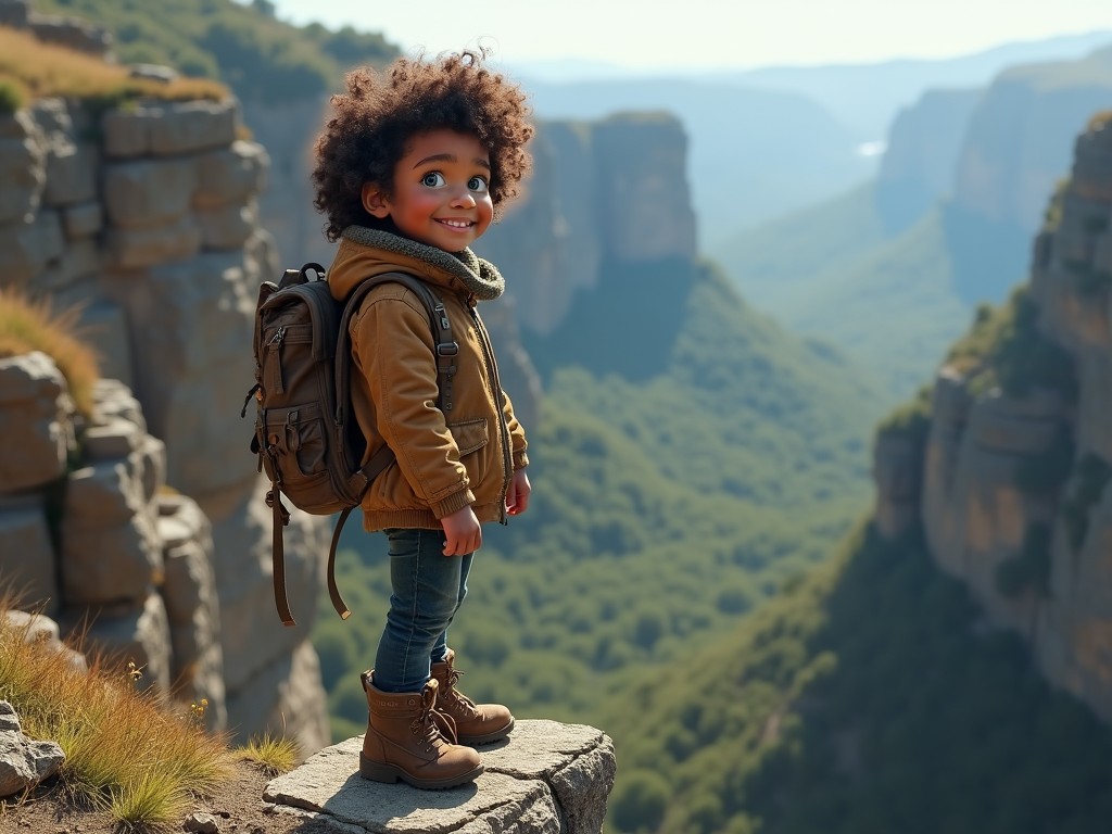 A child with curly hair standing at the edge of a cliff, wearing a backpack, with a scenic mountain valley in the background, under a clear blue sky.