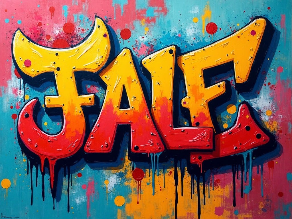 The artwork features vibrant graffiti with bold, stylized letters spelling 'JALE.' It's created using a mix of electric colors like bright yellow and red, contrasted against a striking blue and pink background. Drips of paint add a dynamic effect, enhancing the street art feel. The textures of the letters are glossy, showcasing the artist's technique. Overall, it aims to capture the lively essence of urban art culture.