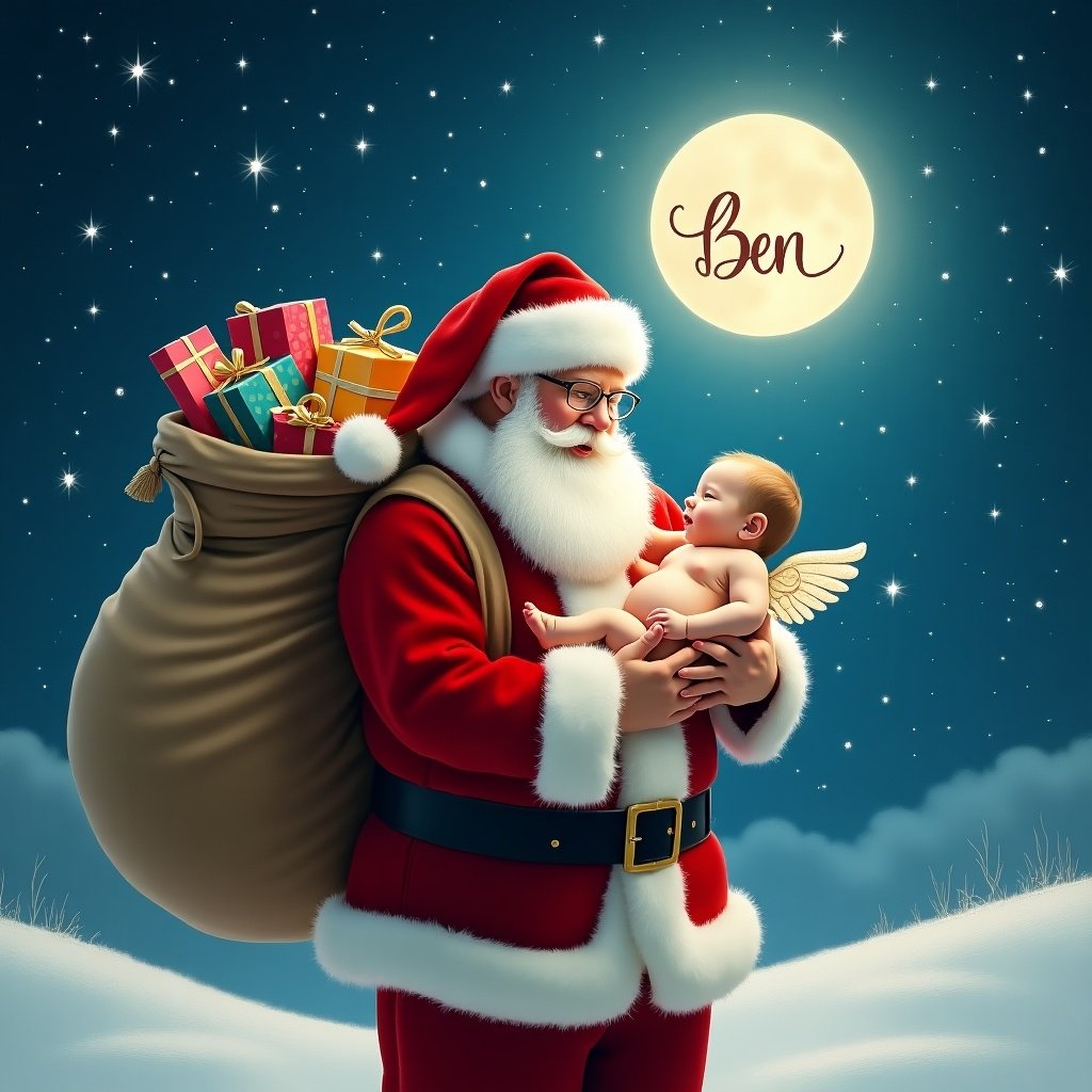 Magical scene with Santa Claus holding a baby boy with angel wings. Sack of gifts positioned. Snowflakes drop. Moonlight radiates in the background. Emphasis on authenticity and festive cheer. Name Ben in the sky.