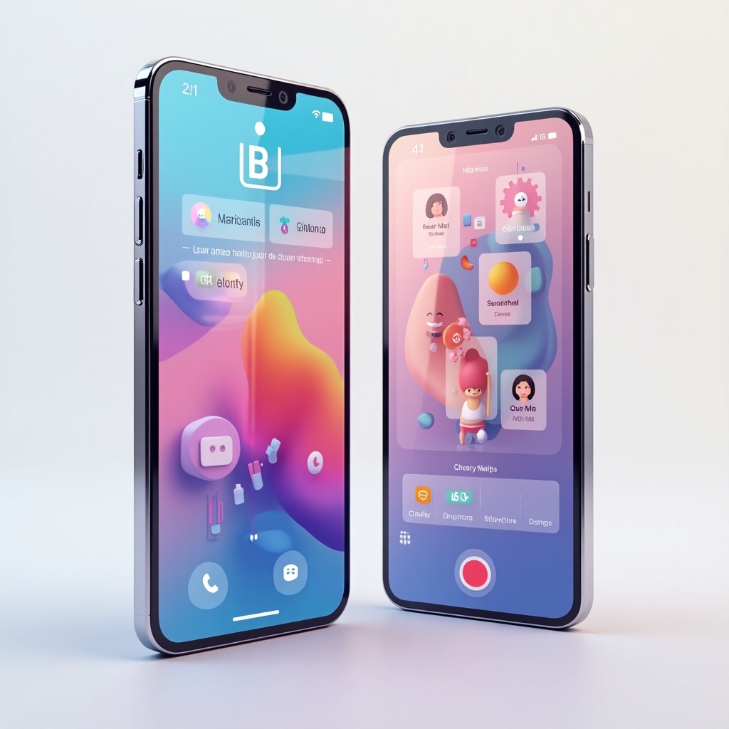 This image features a sleek digital mockup of two smartphones. Each smartphone showcases vibrant and colorful app interfaces. The design emphasizes modern technology and contemporary UI/UX principles. The left phone presents an interface with a cool blue background, while the right showcases a warm pink theme. Both phones display various app icons and features, making them ideal for illustrating digital innovation and creativity.