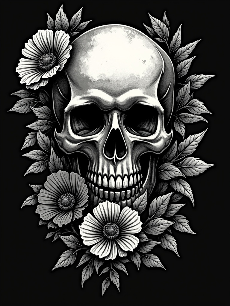 Design gothic inspired woodcut illustration. Use linocut printing method. Angry skull surrounded by dark flowers and leaves. Silver metallic gradient tone on skull. Dark grey for flowers. All set against a black background. Detailed design suitable for t-shirt.