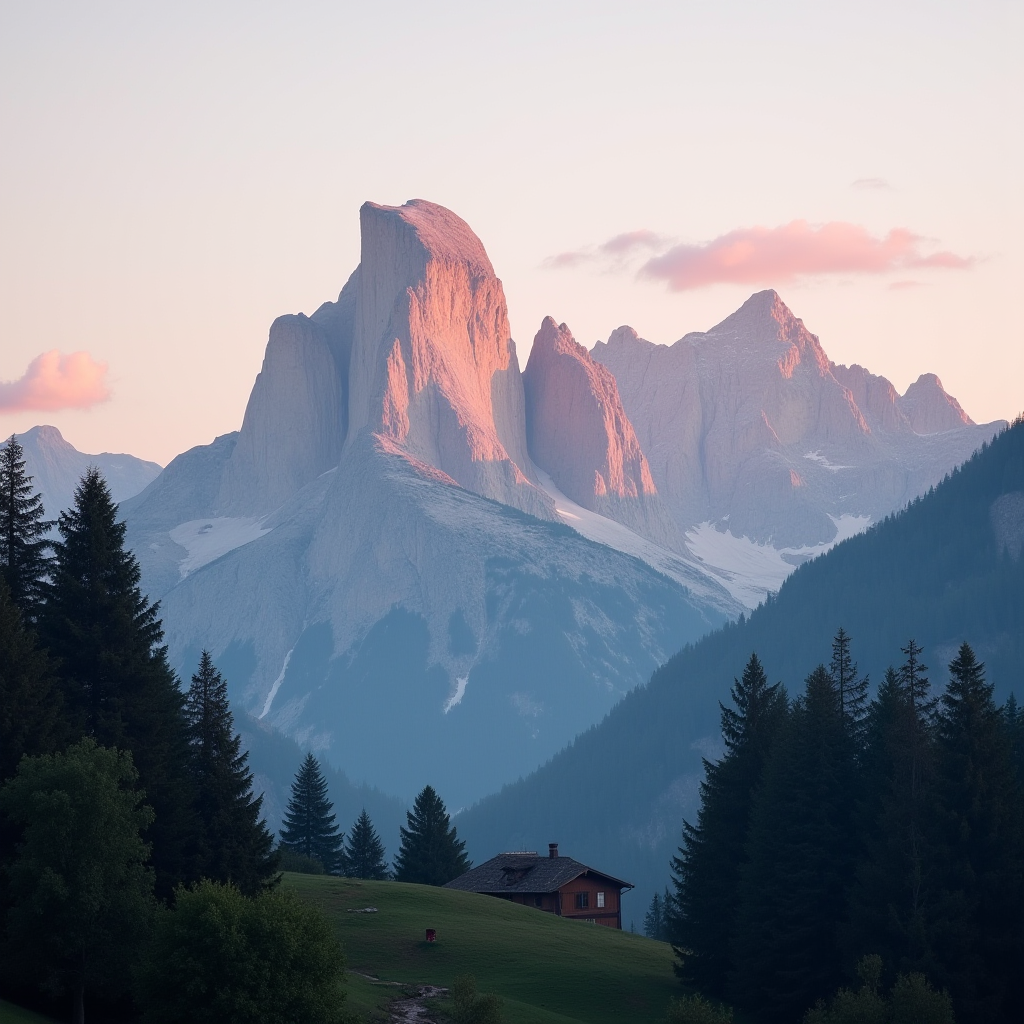 A peaceful mountain landscape at sunset with a cabin nestled among trees.