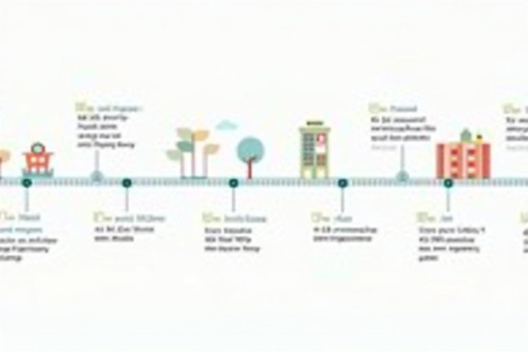 Simple illustrated timeline showing key events. Minimalistic design with flat graphics. Includes buildings trees and icons representing milestones. Light color palette with shades of blue green and yellow.