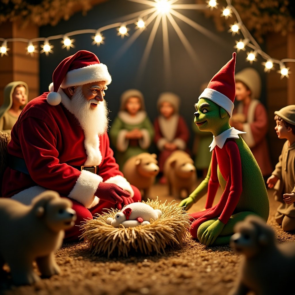 Scene featuring Santa Claus an elf on the shelf and the Grinch arranged as a nativity scene. The setting includes animals and festive decorations. The ambiance is warm and inviting.