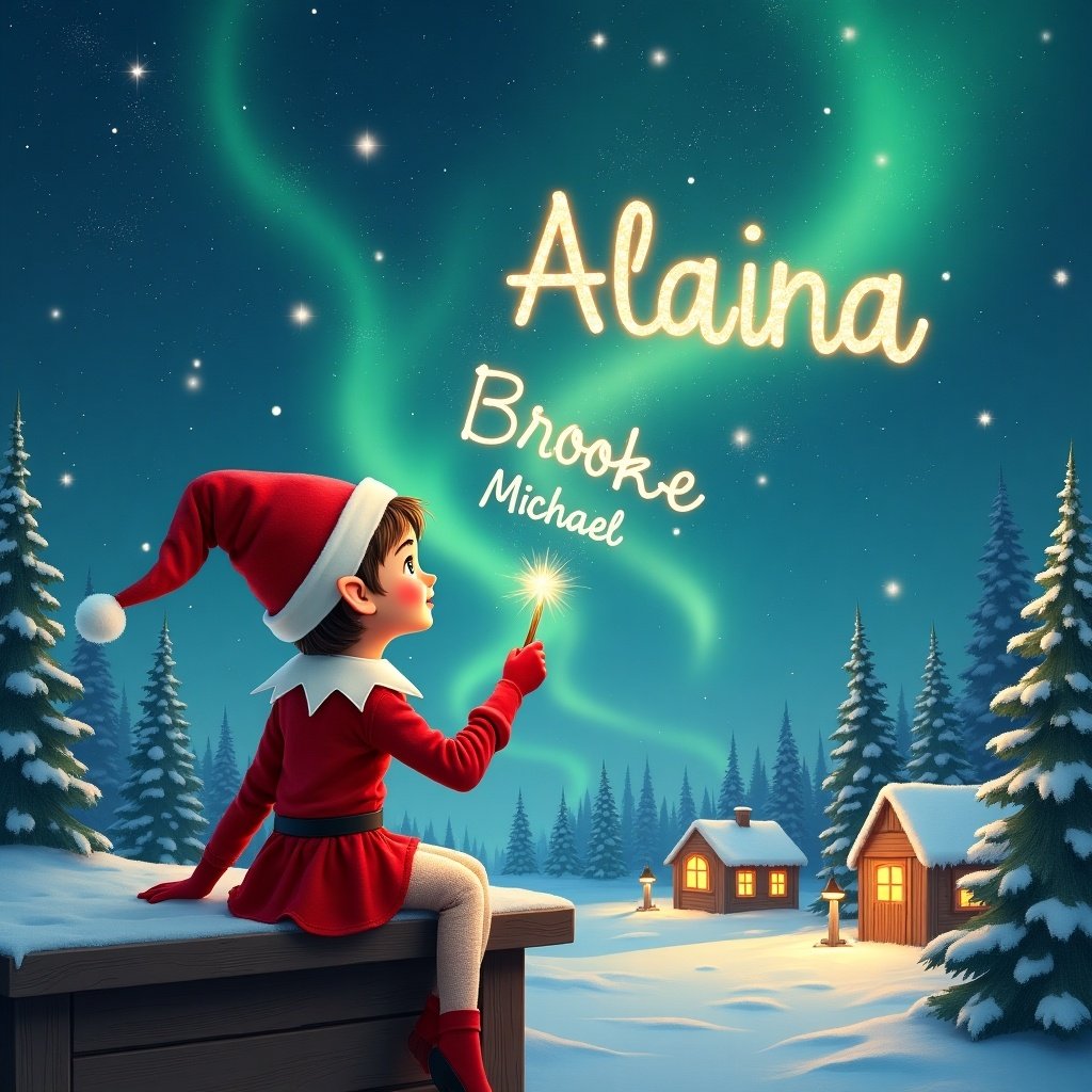 Elf sits on a ledge gazing at a magical sky. Dressed in a red outfit and pointed hat. Holds a sparkling wand. Writes Alaina, Brooke, Michael in the starry sky. Snowy landscape features charming houses and evergreen trees under Northern Lights. Whimsical essence of childhood and Christmas.