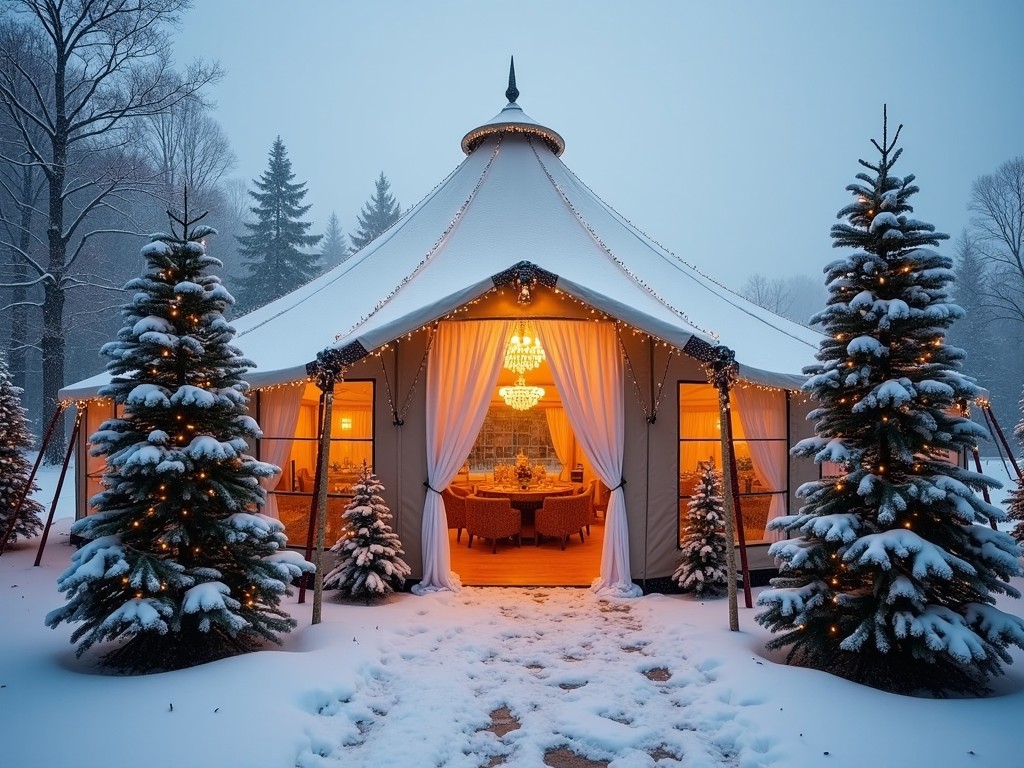 This image features a beautifully decorated tent nestled in a snowy landscape. The tent is adorned with warm yellow lighting, creating a cozy atmosphere. Surrounding the entrance are evergreen trees embellished with lights. Snow blankets the ground and covers the tent's roof, enhancing the wintery feel. In the background, you can see the outlines of trees, adding to the serene environment. This setting is perfect for winter events, gatherings, or holiday-themed occasions.