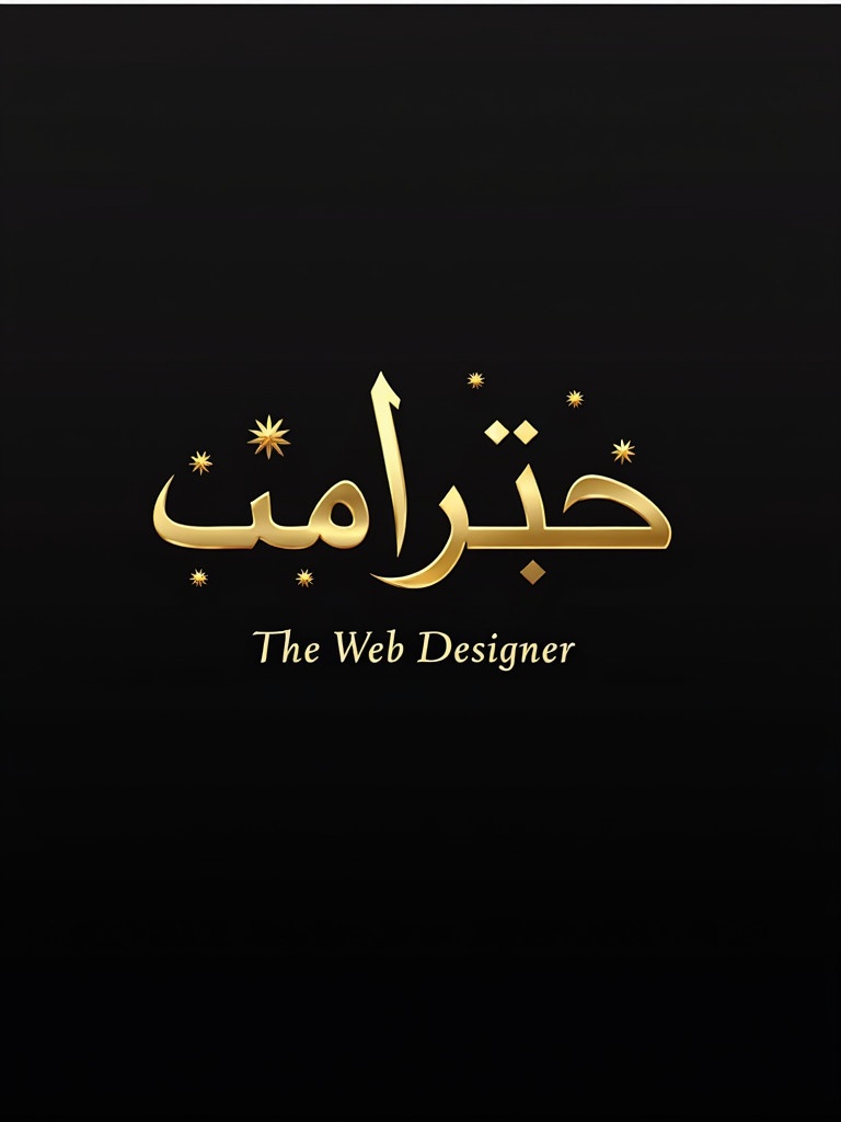 Elegant and luxurious logo for brand name 'الستار' in Arabic calligraphy. 'The Web Designer' included below. Features gold lettering with a modern flowing style. Incorporates crescent moon or star subtly. Designed with deep black or white background.