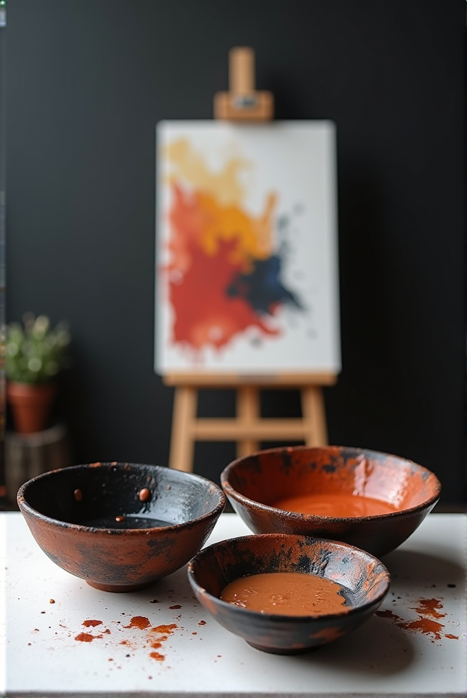 Three textured bowls with earthy hues are filled with paint on a table, with a vibrant abstract painting in the background on an easel.