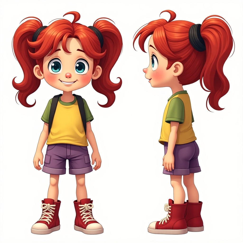 This image features a cheerful cartoon character of a young girl depicted in a turn-around sheet. She has long red hair styled in pigtails and is characterized by her large expressive blue eyes. She wears a yellow t-shirt and purple shorts, paired with sturdy red sneakers. The illustration showcases her in three different views: front, side, and back, adding depth to her adventurous persona. Her outfit suggests themes of exploration and curiosity, aiming to inspire children's sense of adventure.