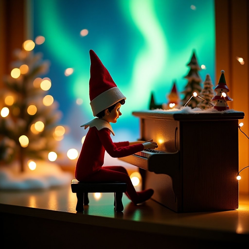 Enchanting Christmas scene with an elf on the shelf. Elf plays piano with back to viewer. Dressed in red and white. Backdrop features northern lights. Scene is festive with a magical ambiance. Elf's position creates wonder and holiday excitement.