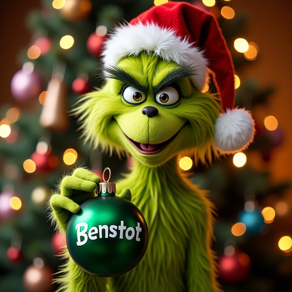 The Grinch holds a green Christmas ornament. The ornament has the name Bennett. The Grinch wears a Santa hat. There is a Christmas tree in the background. The background features festive lights.