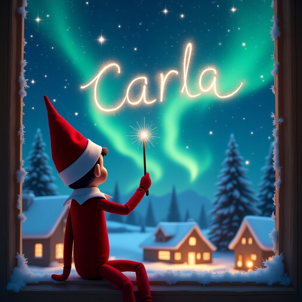 In this magical Christmas scene, an elf on the shelf is seen from behind, sitting on a window ledge and facing a breathtaking night sky. The elf is wearing a classic red outfit and a pointed hat. With a wand in hand, the elf is skillfully writing the name 'Carla' in the sparkling sky. The background is filled with beautiful northern lights and twinkling stars, creating a mesmerizing atmosphere. Below, quaint houses with warm lights dot the snowy landscape. This enchanting view captures the wonder and joy of the holiday season. It uses a wand to elegantly write the names 'Miley' and 'Callie' in the night sky.