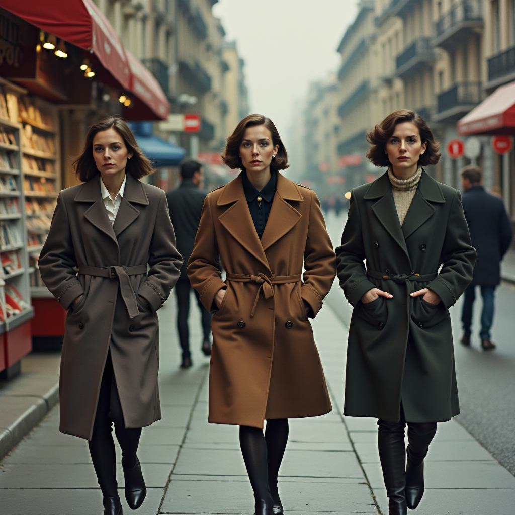 Three women in long trench coats walk confidently down a city street.