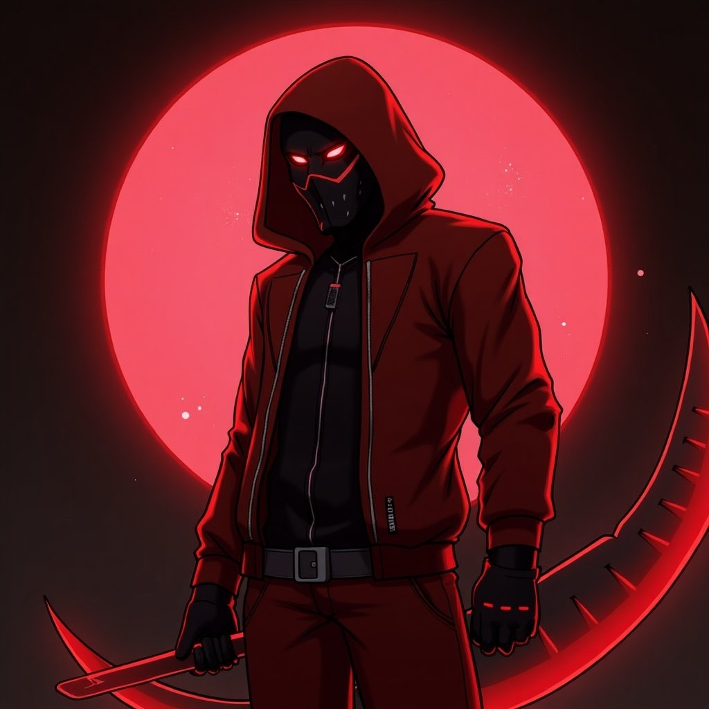 A character dressed in red with glowing red eyes, hooded, wearing a cyber mask, and holding a large red scythe against a dark backdrop with a glowing red circle.