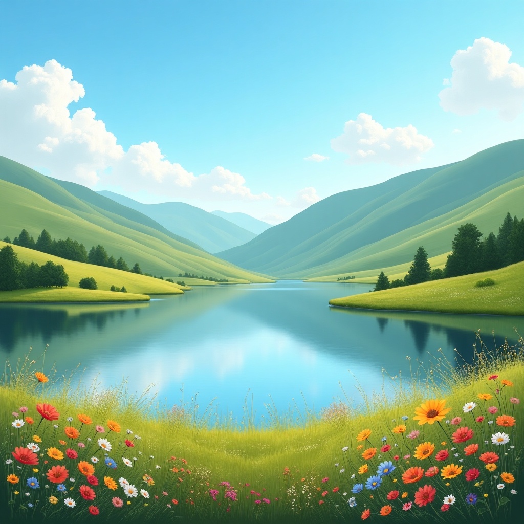 Vibrant landscape view with mountains, lake, and colorful flowers in the foreground. Lush green hills rise around a calm lake reflecting the clear blue sky. Fluffy white clouds drift above.