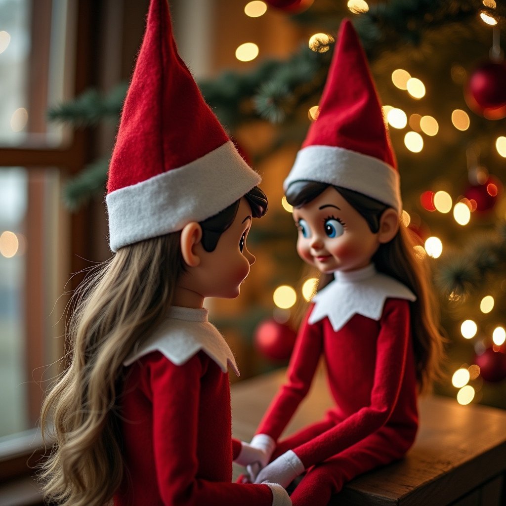 Two elf dolls with long dark blonde hair in red outfits sit facing each other. Background features a Christmas tree with lights and ornaments.